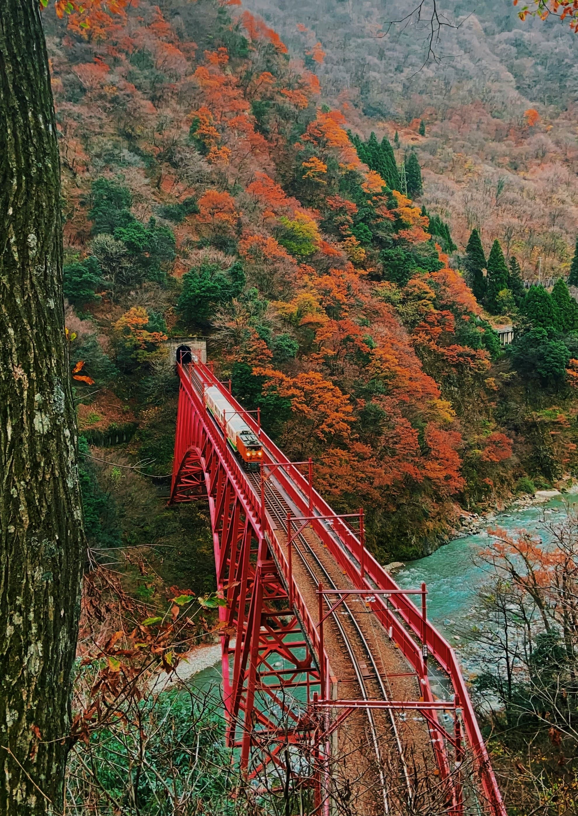 Puente rojo entre las montañas de Kurobe