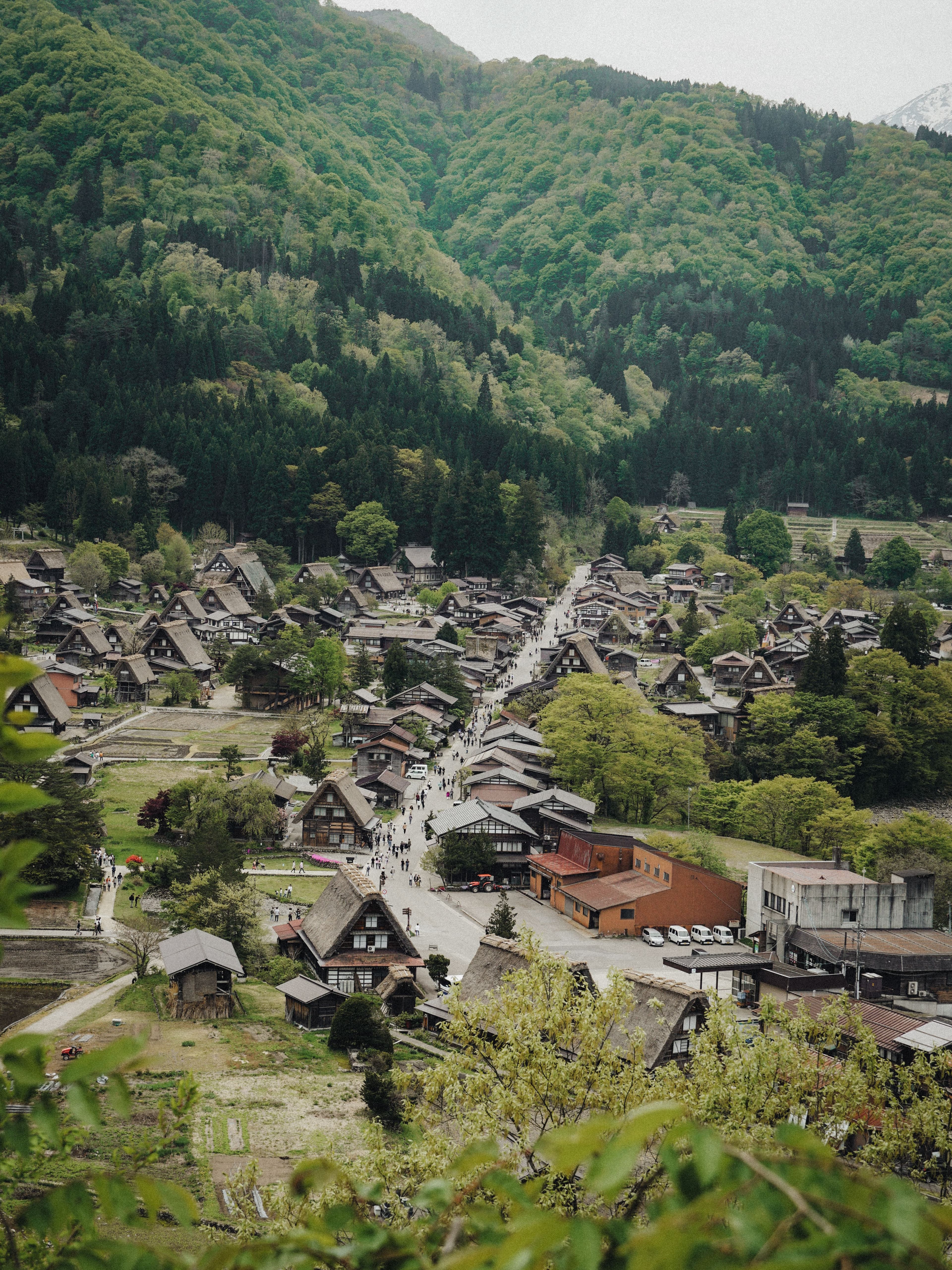 Vista panorámica de Shirakawa-go entre montañas verdes