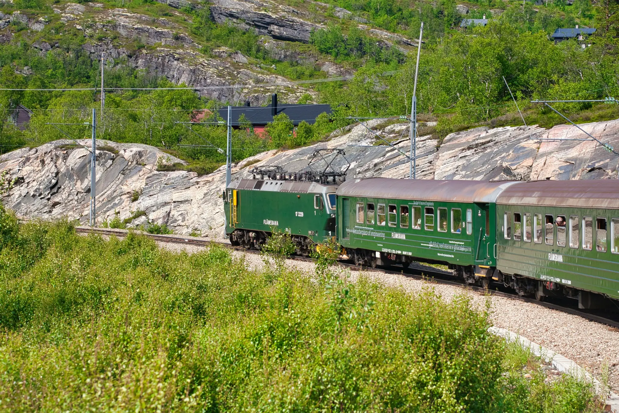 Tren verde de Flåmsbana recorriendo una curva entre roca y vegetación